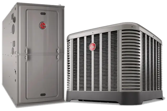 Rheem high-efficiency gas furnace paired with a matching outdoor air conditioning condenser